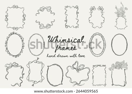 Whimsical frame set: heart-shaped, oval, rectangle styles with bows and florals. Perfect for invitations, cards, scrapbooking. Vector illustration.