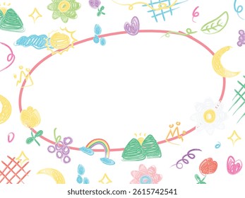Whimsical children’s frame with smiling sun, rainbow, and playful elements in soft watercolor. A joyful border perfect for kids’ design, stationary, or educational use.