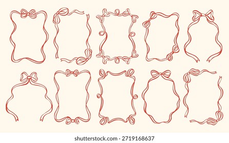 Whimsical frames illustration collection in hand-drawn ink sketch style. Cute decorative bows and flowing ribbons for romantic, vintage, and aesthetic design projects.