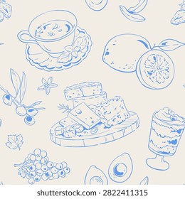 Whimsical french brunch food pattern in soft blue on light background seamless. Seamless breakfast dessert scene with lemon, avocado and cheese on plate as cute hand drawn doodle. Playful food
