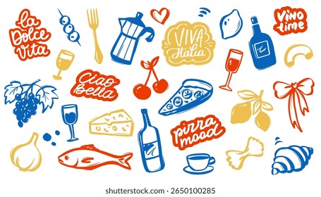 Whimsical French food doodle with wine, cheese, and pizza. Coquette vintage sketch for menus, parties, and cafe designs. Hand-drawn line art in Mediterranean style.