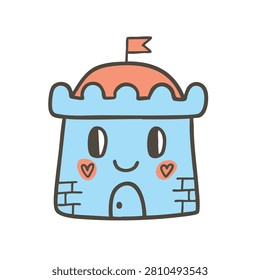 A whimsical and friendly blue castle character with a smiling face, heart cheeks, and a small flag on top, hand-drawn style