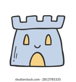 A whimsical and friendly cartoon style castle with a happy face and yellow windows and door on a white background