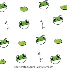 Whimsical Frog Pattern: uma variedade divertida de charmosos rostos de sapo e lírios dançam através de um padrão perfeito, convidando sorrisos e uma sensação de alegria.