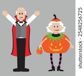 Whimsical and fun cartoon illustration of an older gentleman dressed as a vampire and an older lady dressed as a jack-o-lantern.