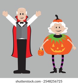 Ilustración de dibujos animados caprichosos y divertidos de un caballero mayor vestido como un vampiro y una señora mayor vestida como un jack-o-lantern.