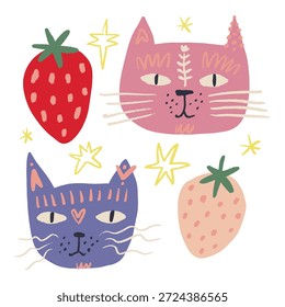 Whimsical Divertido Adorable Gato Caras y Fresas Colección Gatos Lindos, Retrato Hocico Infantil Bebé Dibujado a Mano Doodle Dulce Fiesta Set con Estrellas EPS Ilustración vectorial Clipart