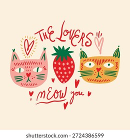 Whimsical Funny Adorable Cat Faces and Strawberries Collection Cute Cats, Portrait Muzzle Childish Baby Hand-Drawn Party Sweet Doodle Set with Stars EPS Vector Illustration Clipart