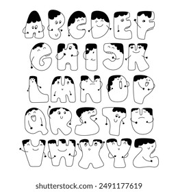 Whimsical funny alphabet in doodle style, black and white uppercase letters with cute faces and hands. ABC funky bubble design. Vector illustration.