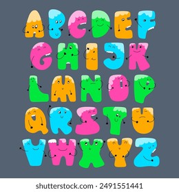Whimsical funny alphabet in doodle style, colorful uppercase letters with cute faces and hands. ABC funky bubble design. Vector illustration.