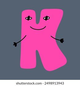 Alphabet amusant fantaisiste en style gribouillage, lettre majuscule colorée K avec des visages et des mains mignons. ABC funky bubble design. Illustration vectorielle.