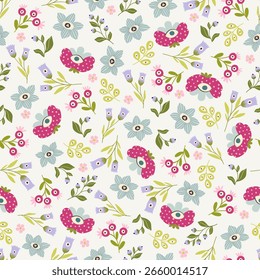 Patrón floral caprichoso del jardín sin fisuras, niños digitales y fondo de repetición de la tela, papel de scrapbook imprimible. Vector fantasía dibujado a mano papel digital.