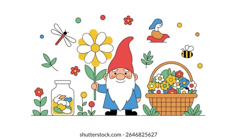 Whimsical Garden Gnome Enjoying a Sunny Day Surrounded by Nature and Tiny Creatures