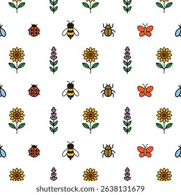 Whimsical garden pattern vector featuring flowers, leaves, and insects in playful style. Ideal for textiles, wallpapers, and surface design.