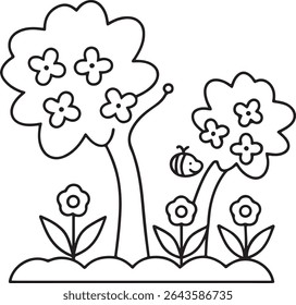 Whimsical Garden Scene Featuring Blooming Trees, Delightful Flowers, and a Charming Bee, Perfect for Coloring Pages and Children's Art Projects Depicting Nature's Beauty and Joy