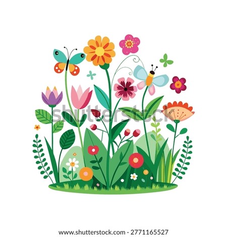 A whimsical garden scene filled with vibrant colorful flowers blooming in shades of pink, yellow, orange, purple, and blue, surrounded by delicate butterflies fluttering gracefully through the air. Fresh green leaves and soft grass create a lively springtime atmosphere, while the bright sunny background adds warmth and joy. The illustration captures the beauty of nature, renewal, and the cheerful spirit of spring in a playful and enchanting style.
