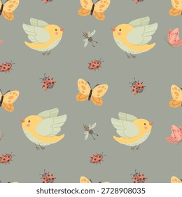 Whimsical garden seamless pattern with cute birds, butterflies, dragonflies and ladybugs.
