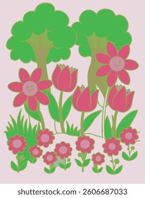 Whimsical Garden with Smiling Flowers and Green Trees

