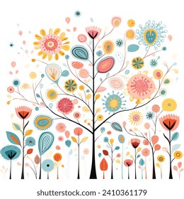 A whimsical garden with stylized flowers and trees is depicted in this bright vector illustration.