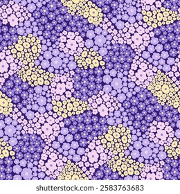 Whimsical geometric flower motif featuring soft pastel blooms and  yellow accents on a rich purple background in a seamless design. Perfect for use in fashion, home decor and stationery.