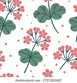 Whimsical geranium seamless pattern with playful elements and soft colors on white concept as Playful whimsical geraniums with soft pastel colors creating a fun seamless pattern ideal for creative projects in Photo Stock Concept and empty space on the left side,no text --ar 7:2 --tile