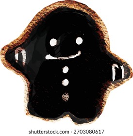 Whimsical gingerbread ghost cookie, dark filling, isolated on white. Festive, hand-drawn style. Perfect for Halloween, baking, or holiday themes. 