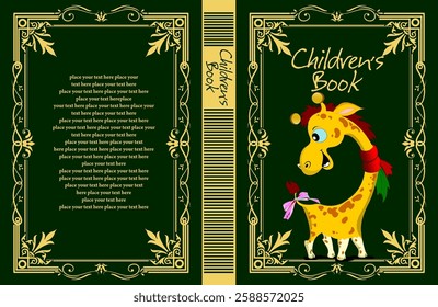 Whimsical giraffe adorns children's book cover with elegant gold frame on rich green background