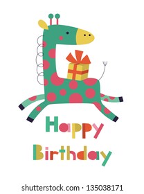 whimsical giraffe happy birthday card design. vector illustration