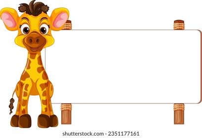 A whimsical giraffe illustration with a signboard banner