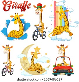 Whimsical giraffes in various fun scenarios