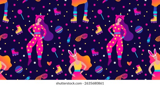 Whimsical  Girl In Pajama Or Costume With Rollers Makeup And Party Elements Seamless 80s Vector Pattern BG