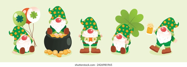 Whimsical Gnome Character with Pot of Gold Celebrating Saint Patrick's Day in Festive Irish Fantasy, Vector, Illustration
