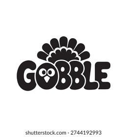 Whimsical Gobble text stylized with a turkey's head and fanned tail feathers, representing Thanksgiving.