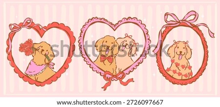 Whimsical golden retriever valentine frames hand drawn coquette retro pastel illustration banner