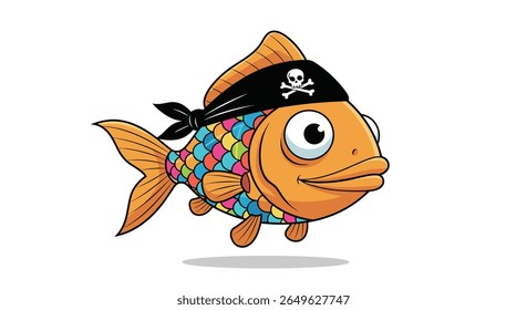 A whimsical goldfish adorned with a black bandana featuring a skull and crossbones design ready for nautical adventures