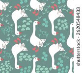 Whimsical Goose Garden Seamless Vector Pattern Collection in Pastel Tones