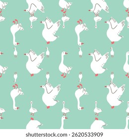 Whimsical Goose Garden Seamless Vector Pattern Collection in Pastel Tones
