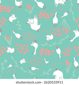 Whimsical Goose Garden Seamless Vector Pattern Collection in Pastel Tones