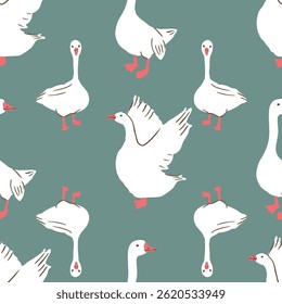 Whimsical Goose Garden Seamless Vector Pattern Collection in Pastel Tones