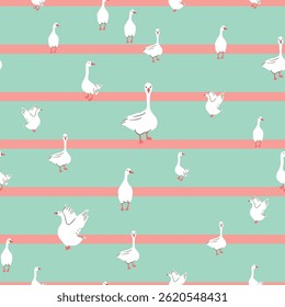 Whimsical Goose Garden Seamless Vector Pattern Collection in Pastel Tones