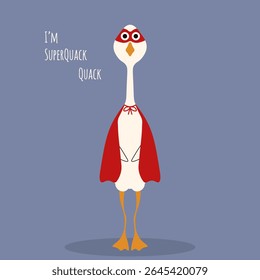 Whimsical Goose superhero. Vector illustration of cute Goose in red super hero cape. Perfect kids nursery art, silly child sticker, wall fabric poster cover decor. EPS 10 