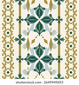 Whimsical Gorgeous Seamless Border Pattern with Intricate Geometric Scroll Florals Ornament Luxury Oriental Style. Detailed of Golden Silk Weaves Deep Emerald Green On White Background Prints Tiles   