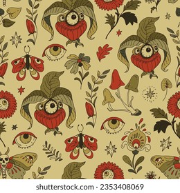 Whimsical Gothic Vector Seamless Pattern, Amanita Mushroom Cat skull with eye flowers, witchcraft texture