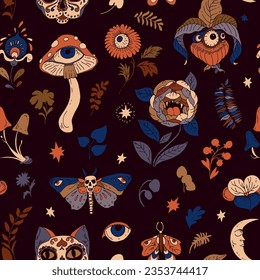 Whimsical Gothic Vector Seamless Pattern, Amanita Mushroom Cat skull with eye flowers, witchcraft texture