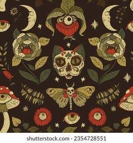 Whimsical Gothic Vector Seamless Pattern, Amanita Mushroom Cat skull with eye flowers, witchcraft texture