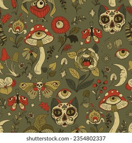 Whimsical Gothic Vector Seamless Pattern, Amanita Mushroom Cat skull with eye flowers, witchcraft texture