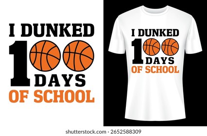 A whimsical graphic t-shirt design celebrates hundred days of school, combining learning milestones with a playful basketball theme suitable for students.