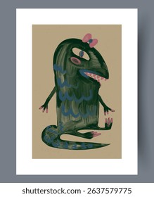A whimsical green character adorned with a charming pink bow, radiating joy and cheerfulness