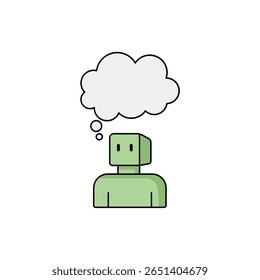 Um personagem verde caprichoso com uma bolha de pensamento simboliza a criatividade e a imaginação. Este design brincalhão captura a essência da ponderação e inovação, tornando-o perfeito para projetos artísticos.