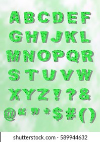 Whimsical green Memphis style block font with a bloated look, with block shadow. Background is bonus gradient mesh design.  Vector EPS-10 file, transparency used. 